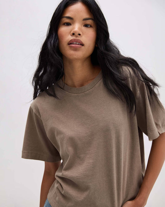 Womens Relaxed Crop Tee - Pigment Dye Jersey - Warm Grey