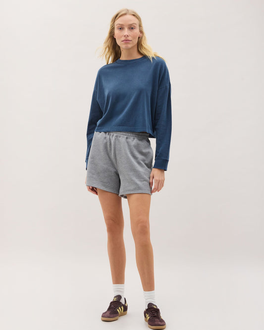 Womens Relaxed Crop Long Sleeve Tee - Pigment Dye Jersey - Moonlit Ocean