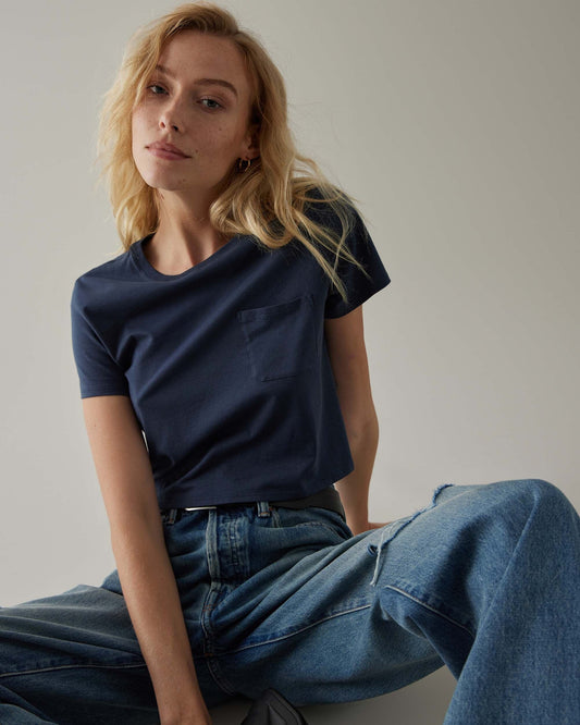 Womens Pima Boxy Crop Tee - Pima Cotton Jersey - Blue Nights