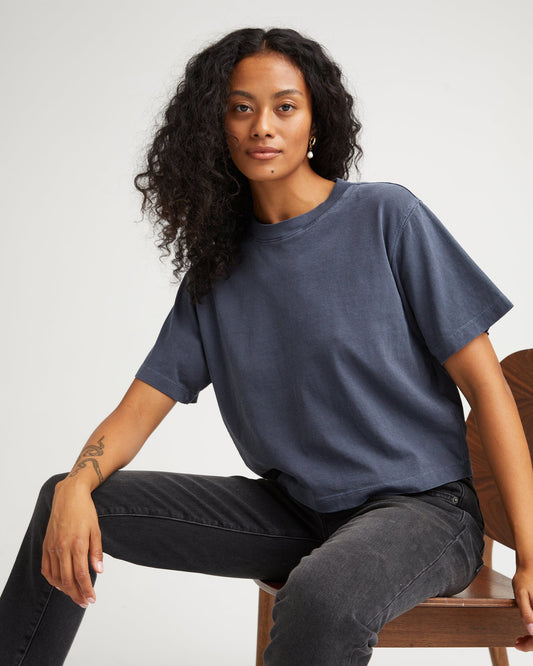 Womens Relaxed Crop Tee - Pigment Dye Jersey - Blue Steel