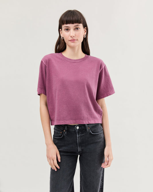 Womens Relaxed Crop Tee - Pigment Dye Jersey - Burgundy