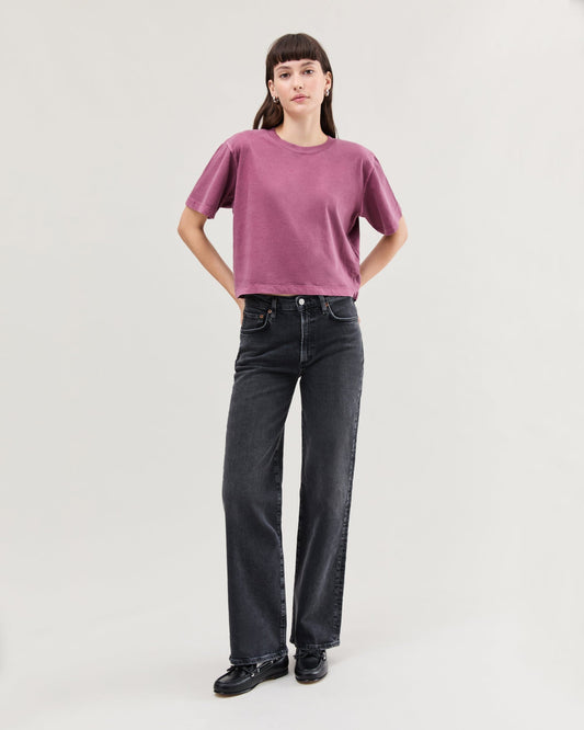 Womens Relaxed Crop Tee - Pigment Dye Jersey - Burgundy