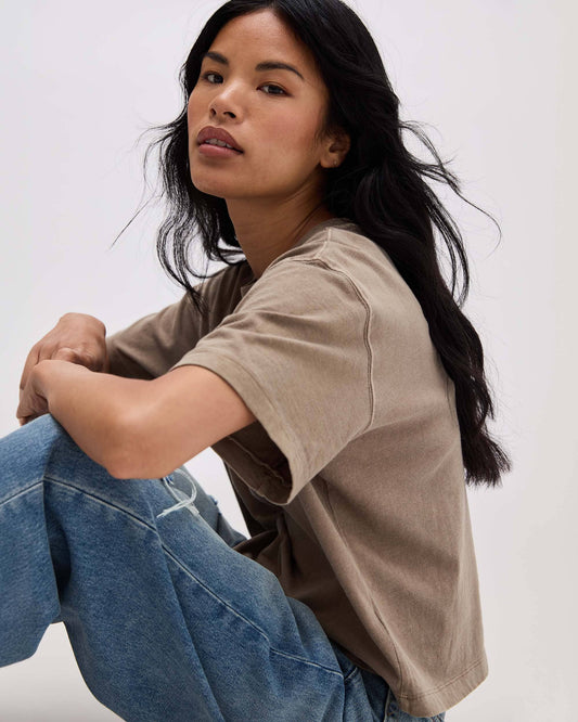 Womens Relaxed Crop Tee - Pigment Dye Jersey - Warm Grey
