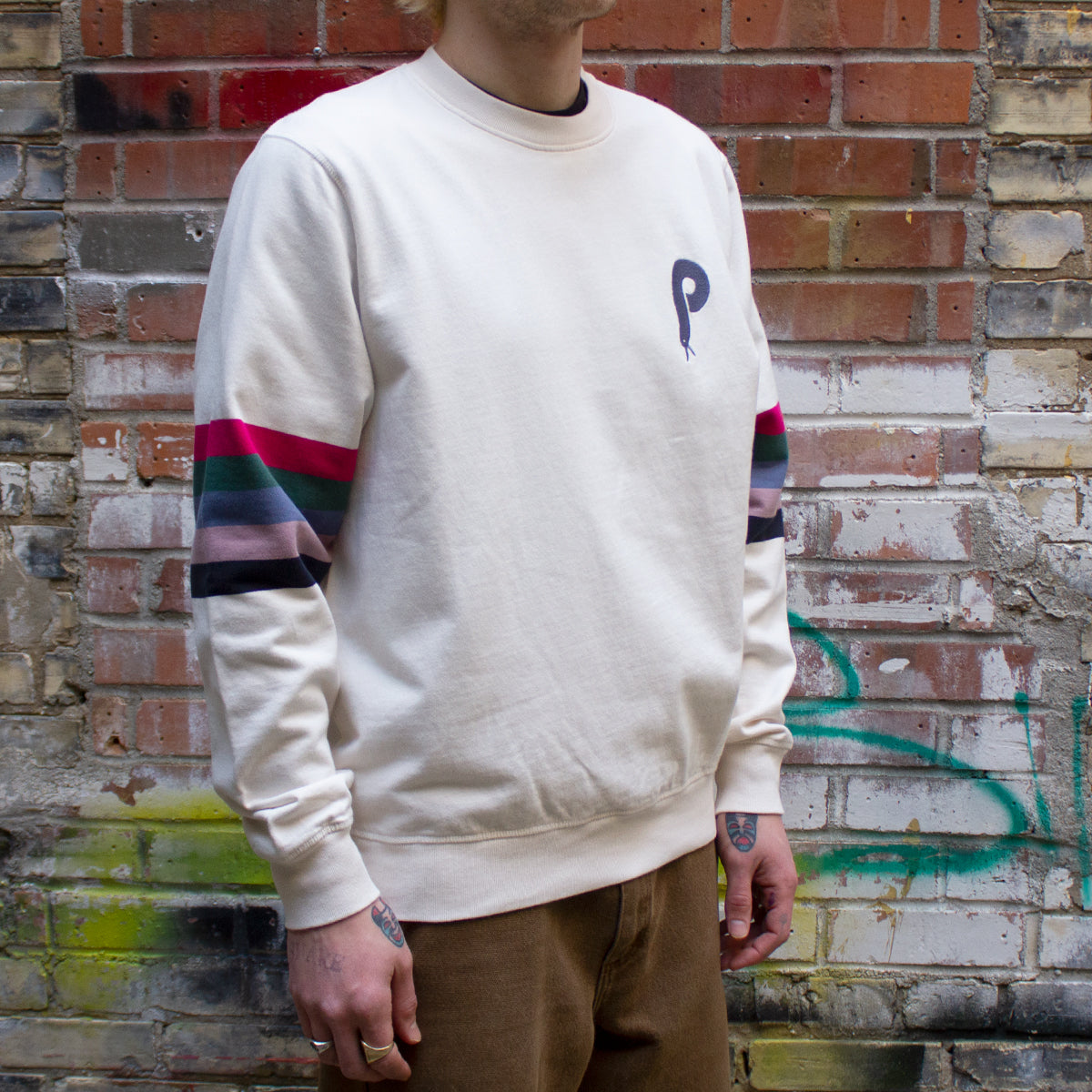 Bird Face Font Sleeve Stripes Sweatshirt