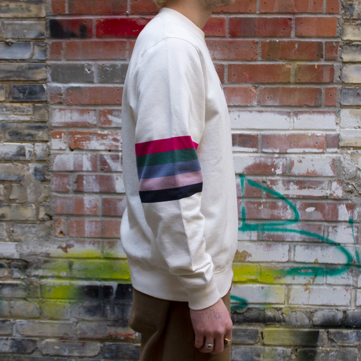Bird Face Font Sleeve Stripes Sweatshirt