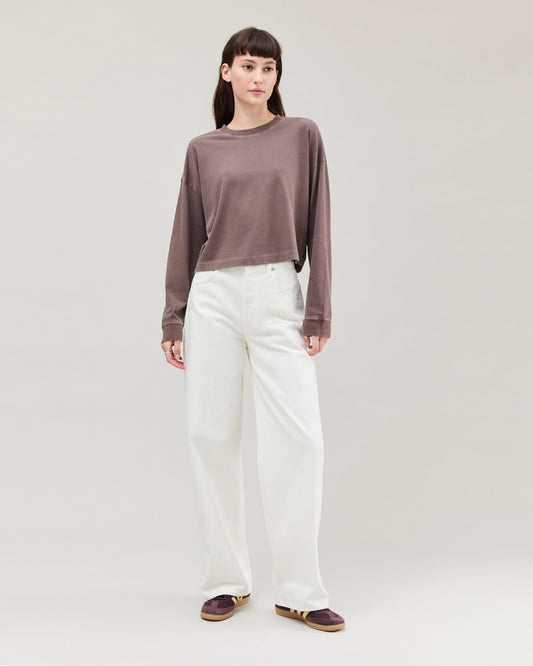 Womens Relaxed Crop Long Sleeve Tee - Pigment Dye Jersey - Mole