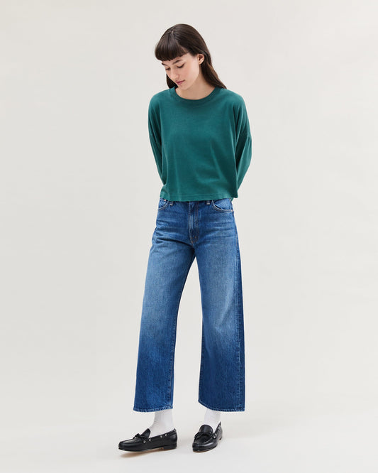 Womens Relaxed Crop Long Sleeve Tee - Pigment Dye Jersey - Rainforest