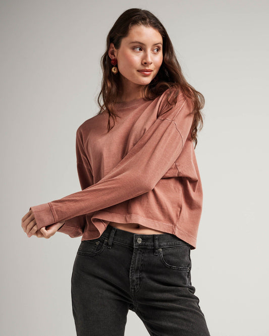 Womens Relaxed Crop Long Sleeve Tee - Pigment Dye Jersey - Russet