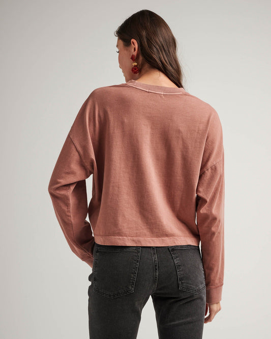 Womens Relaxed Crop Long Sleeve Tee - Pigment Dye Jersey - Russet