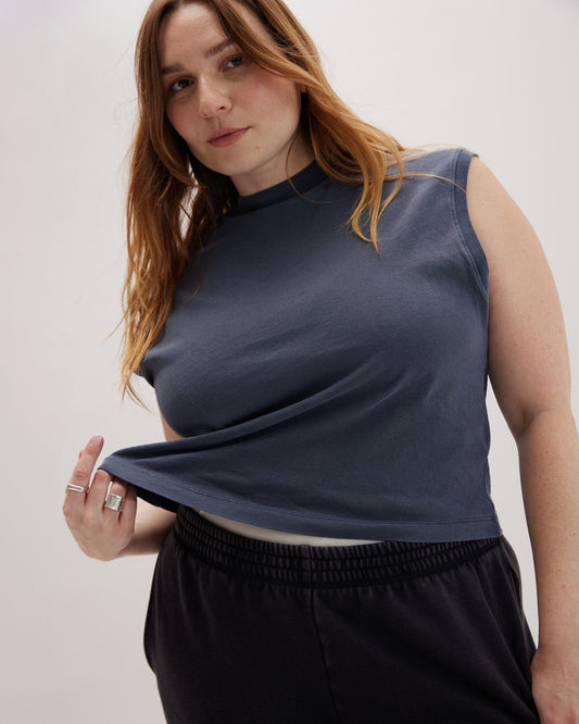 Womens Relaxed Muscle Tee - Pigment Dye Jersey - Blue Steel