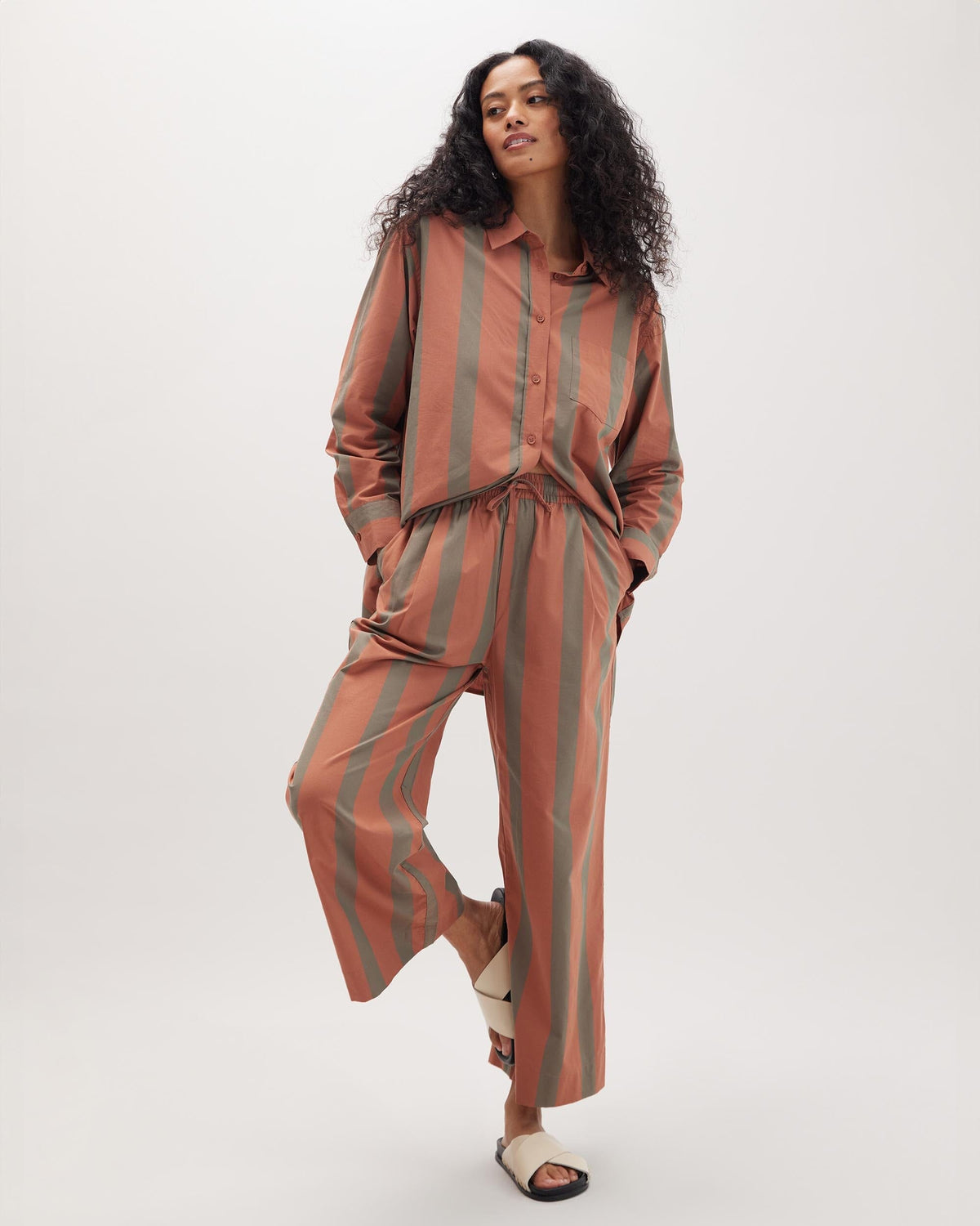 Womens Venice Drawstring Pant - Cotton Rayon Woven - Russet Sage Stripe