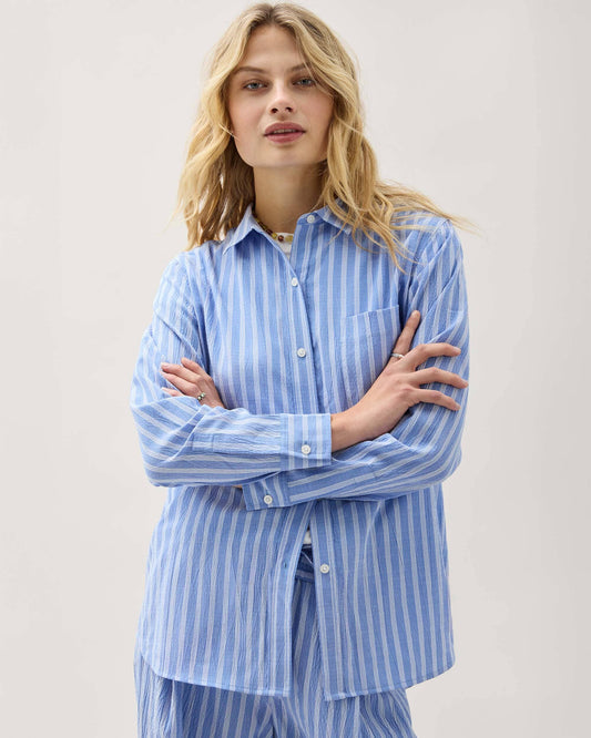 Womens Palermo Button Up - Poly Seer Sucker Stripe - Oxford Blue Stripe