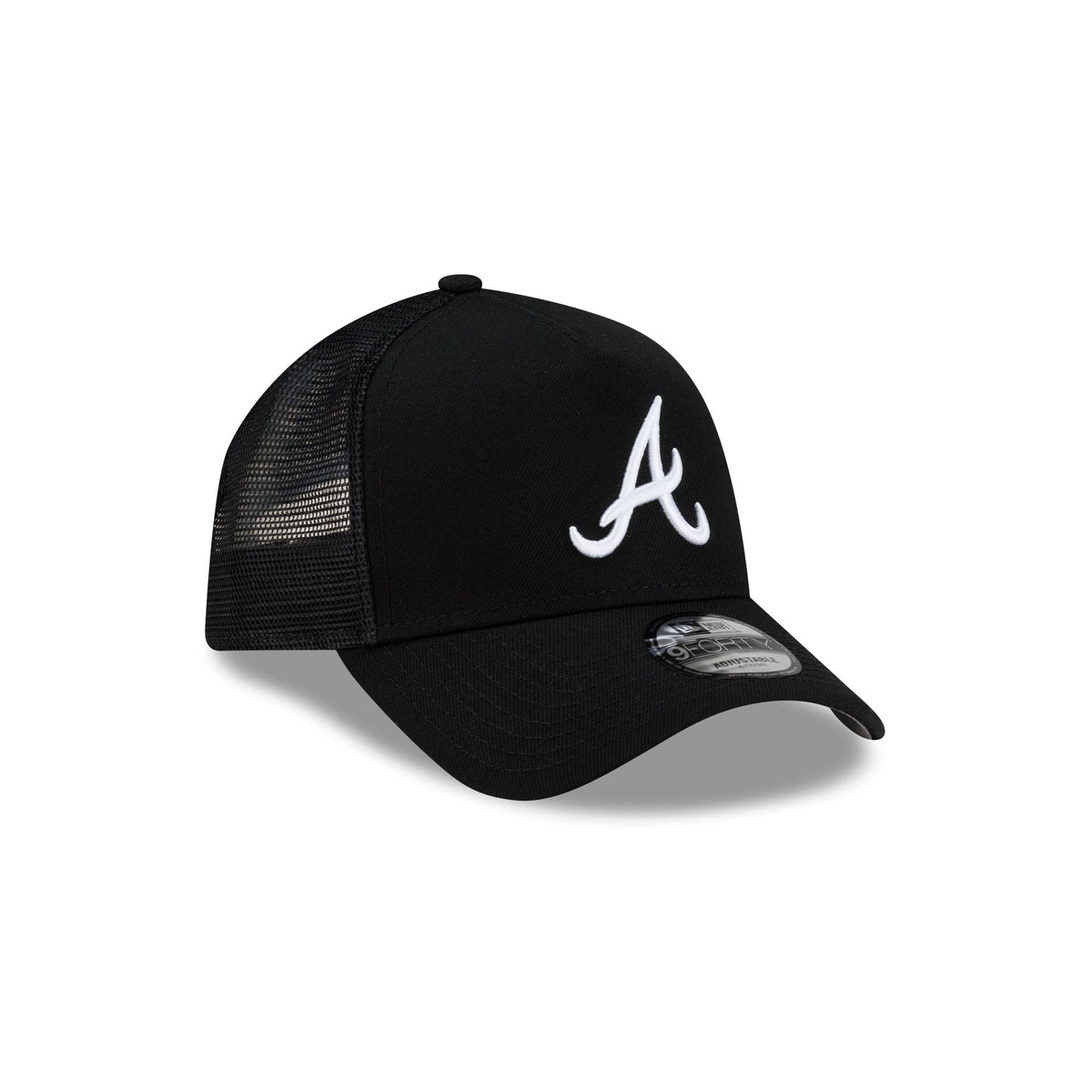 Atlanta Braves Side Script Black 9FORTY A-Frame Trucker Hat