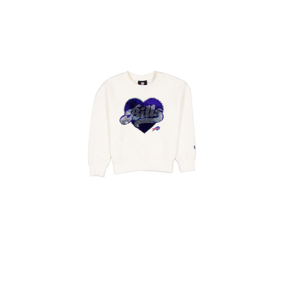 Buffalo Bills Girls Sequin Heart Chrome White Crewneck