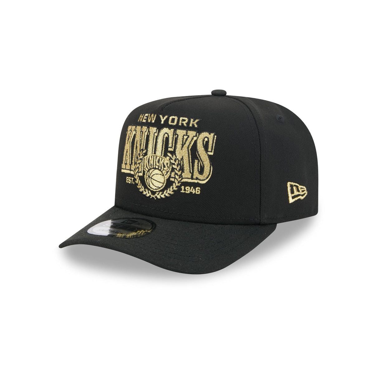 New York Knicks Gold Laurel Black 9FIFTY A-Frame Snapback Hat