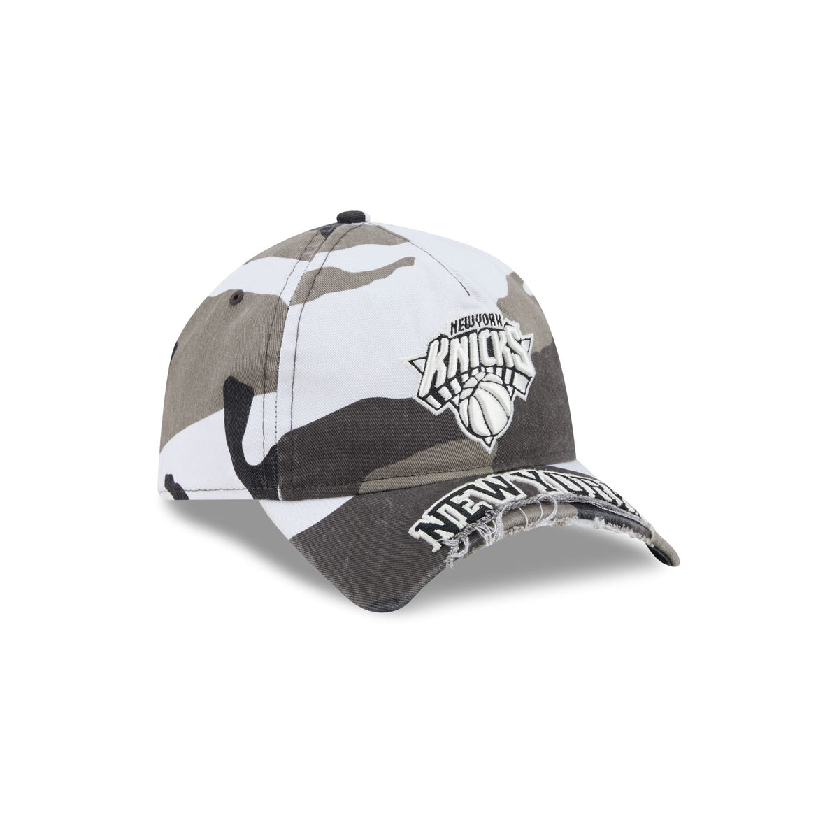 New York Knicks Washed Camo 9FORTY A-Frame Unstructured Cut-Off Visor Snapback Hat